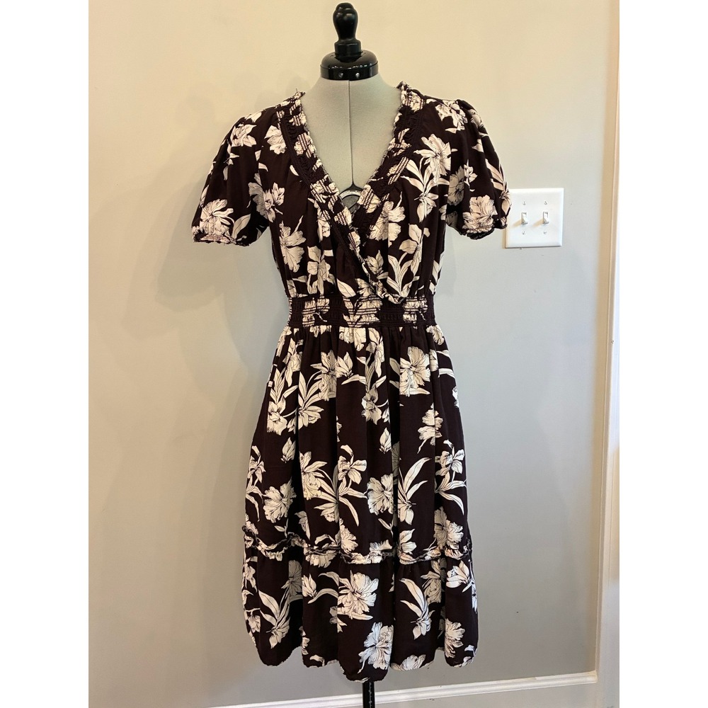 Kings Road Brown Floral Rayon Midi Dress Lace Trim Smocked Waist Large